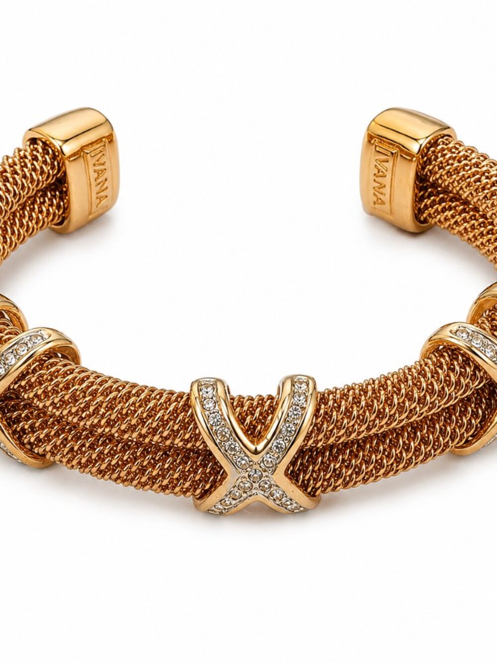 Signed IVANA Gold-Tone Braided Mesh Cuff Bracelet with Crystal X Accents